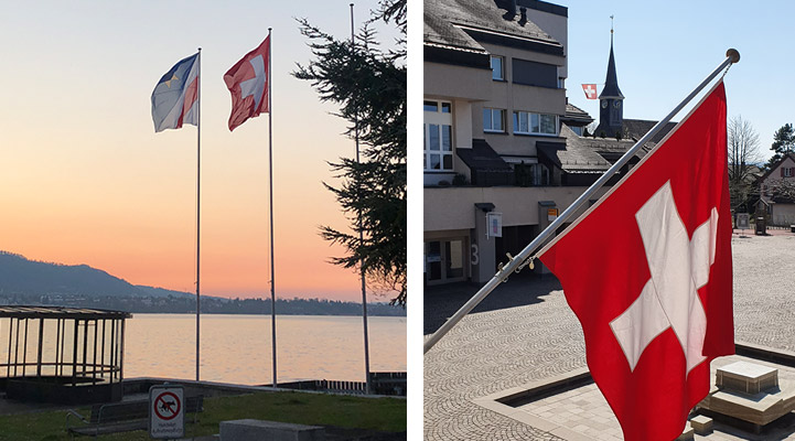 Schweizerfahnen am Zürichsee als Zeichen der Solidarität: Auch in Zollikon und Zumikon werden Flaggen gehisst. (Bilder: mmw/zvg)