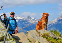 Herrchen mit Hund in den Bergen